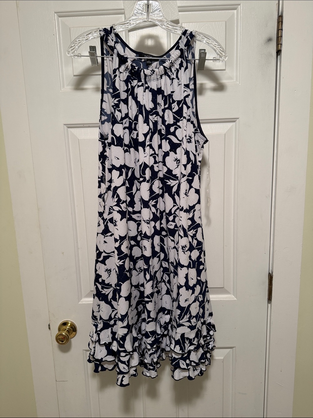 MSK Navy and White Floral Ruffle-Hem Sleeveless Dress